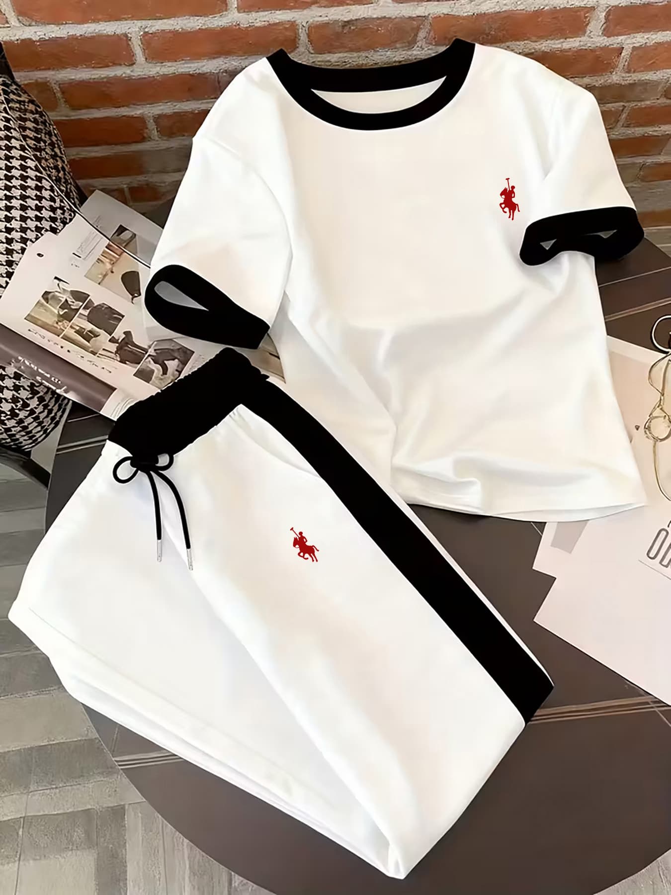 Women's Casual Sporty Two-Piece Set Short Sleeve Top Comfortable Pants Black White -AD