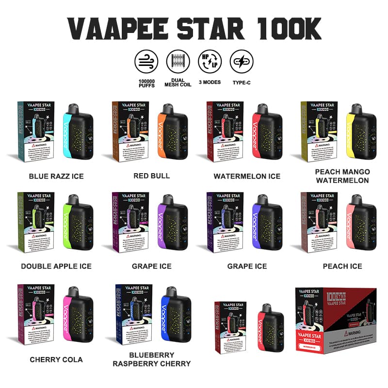 Lot de 5 cigarettes électroniques jetables Vaapee Star 100K Puff Bar Vape Pod, 10 saveurs, vente en gros.