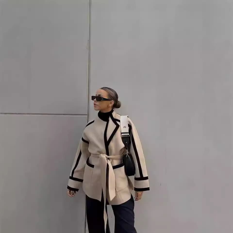 Women's Clothing light luxury 2024 autumn and winter new temperament leisure double sided woolen coat lace up contrast color medium and long