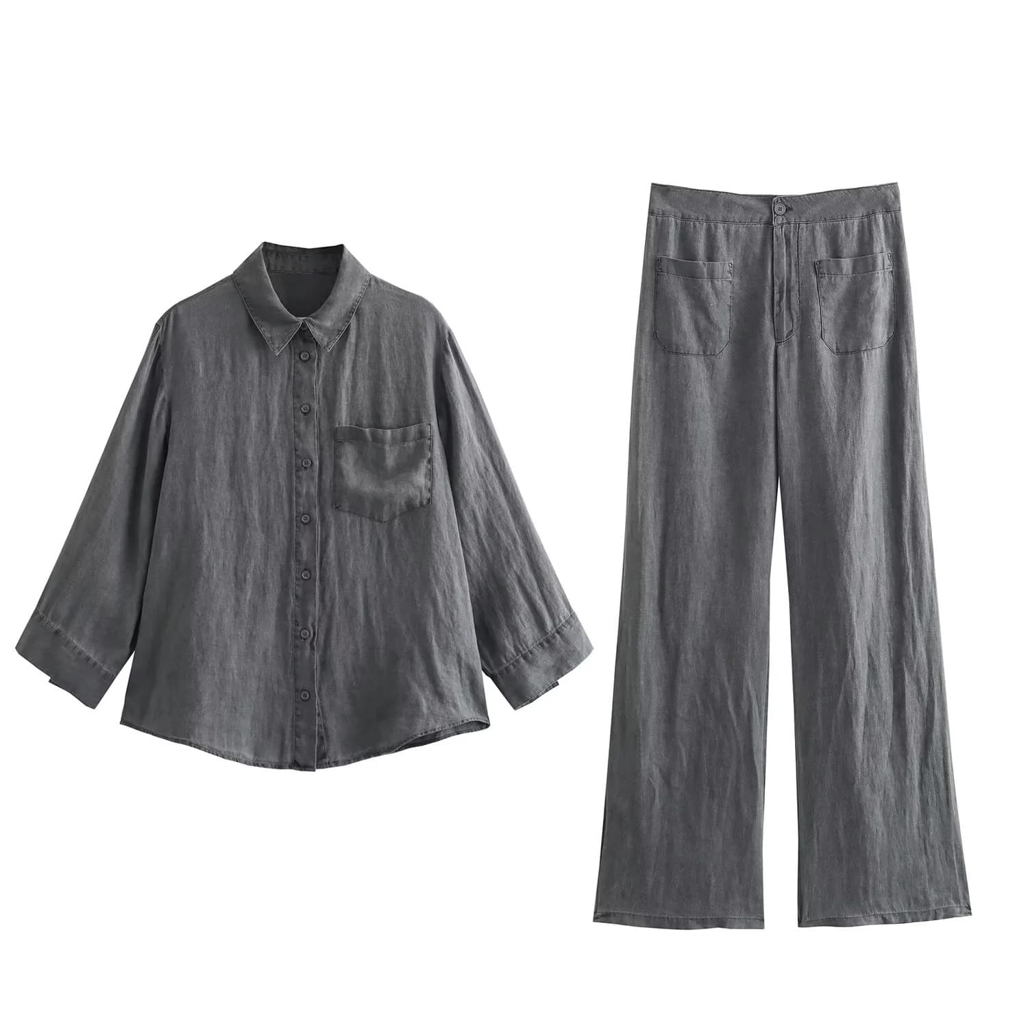 Women's Linen Shirt & Pants Set Fall New Casual Style Loose Fit Comfortable Outfit (Gray/Beige, XS/S/M/L)
