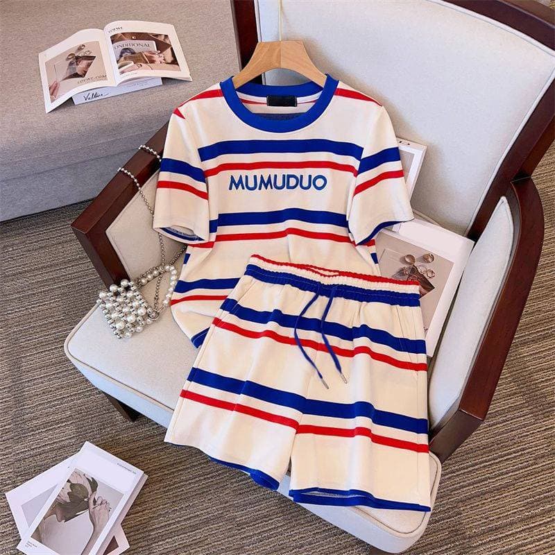 women's striped letter short-sleeved T-shirt shorts fashion two-piece