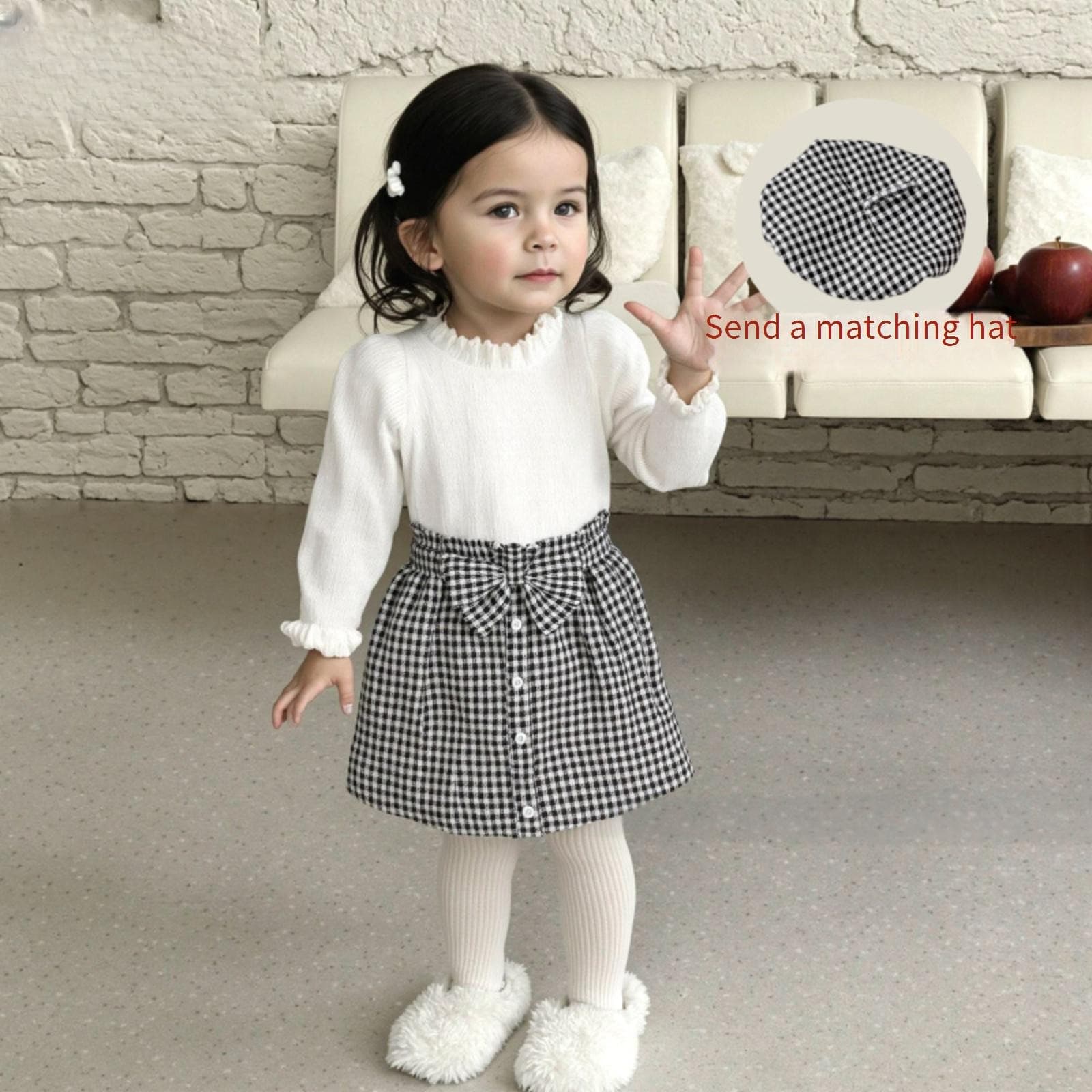 Girls 3-Piece Outfit Set – Long Sleeve Top, Plaid Skirt & Detachable Hat – Cute & Stylish Fall Winter Spring Collection (80-120cm, Ages 1-6)​
