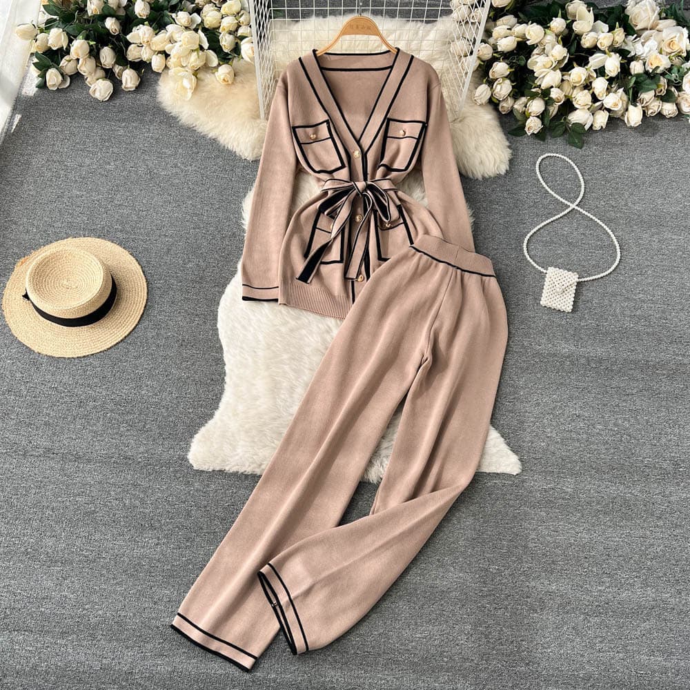 Women's gentle style contrasting color suit for women + long-sleeved V-neck tie sweater + two-piece set of drapey wide-leg trousers