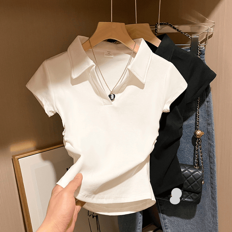 Women's Clothing 2024 Summer White Polo Collar Waist Slim Fit Casual Short-sleeved T-shirt Women's Tops