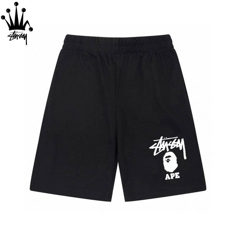 Stussy&BAPE Collaboration Monkey Head Pattern Letter Print Loose, Casual, Comfortable And Versatile Pure Cotton Shorts For Both Men And Women