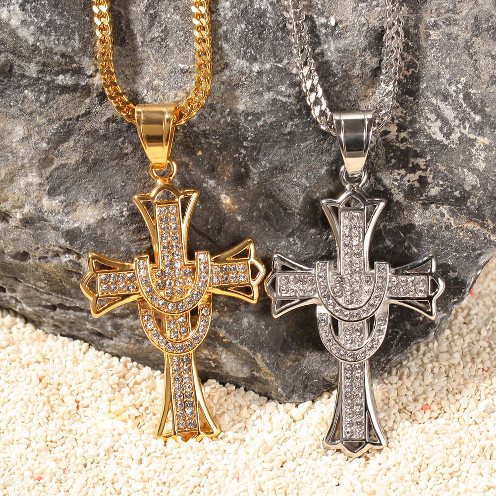 Men's Hip Hop Stainless Steel Cross Pendant Necklace, Gold/Silver Plated With Zircon Stones, Twist & Cuban Chain Options For Streetwear Fashion