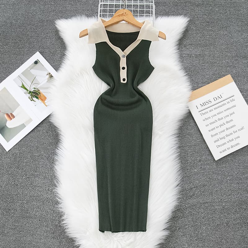 Women's Clothing New Polo Collar Contrast Color Slim Dress Knitted Slim Hip Skirt