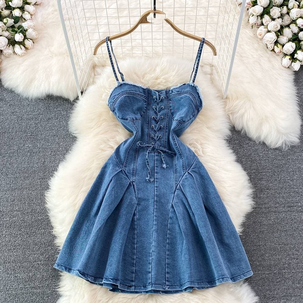 New style strap waist slimming backless sleeveless sexy sweet and spicy denim suspenders a-line dress for women