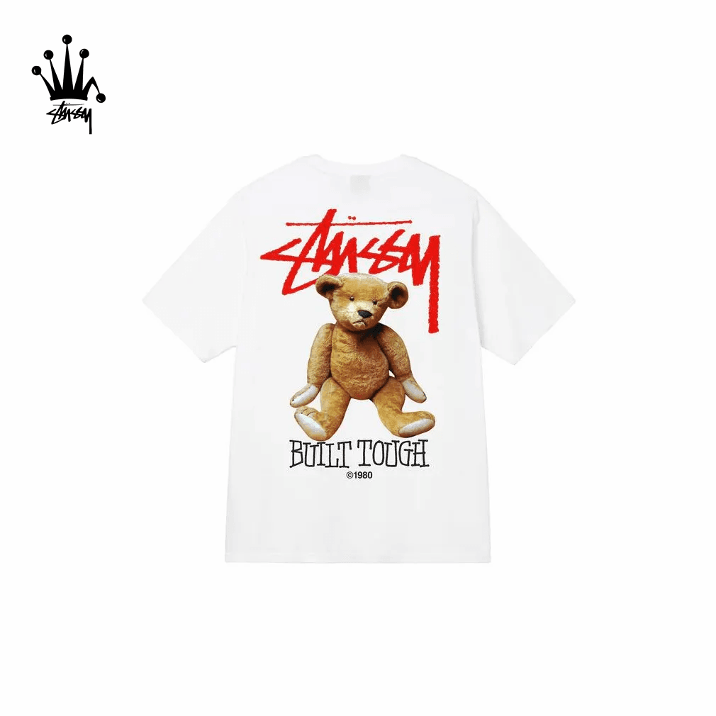 Stussy FW22 Built Tough Tee Straw Logo Bear Pattern Printed Round Neck Short Sleeve American Retro T-shirt Unisex