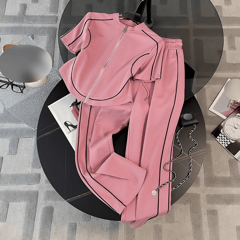 Casual Contrast Color Sportswear Stylish And Age-reducing Korean Style Casual Wide-leg Pants Two-piece Suit
