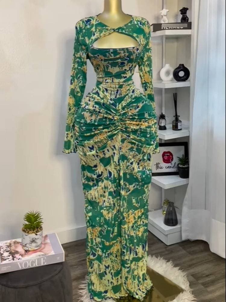 Spot 2026 European And American Style Printed Long Sleeved Hollow Pleated High Waist Sexy Vacation Dress Long Skirt