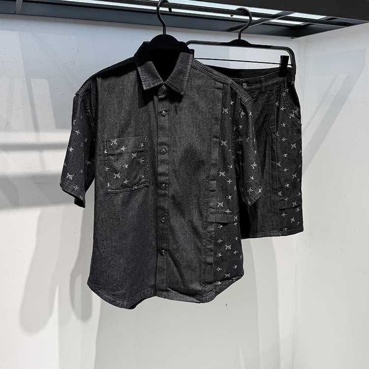 Men's Clothing Short Sleeved Shirt Men's Trendy Brand 2025 Summer New Suit Black Sports Fashion Straight Workwear Casual Shorts Men