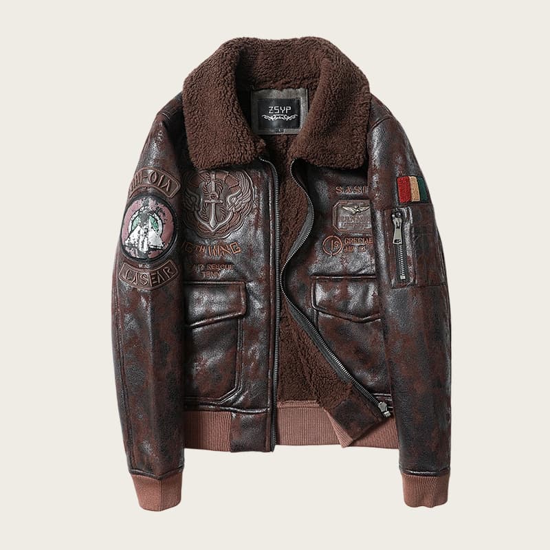 Men's Aviator Style PU Leather Jacket With Embroidered Patches, Fleece-Lined Biker Coat For Winter (Black, Brown, Vintage Brown)