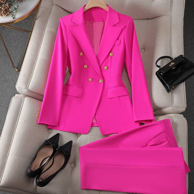 Retro Tailored Blazer & Slim Trousers Set – 2025 Korean-Inspired Office Aesthetic In 16 Colors | Stretch Ponte Fabric With Houndstooth Option