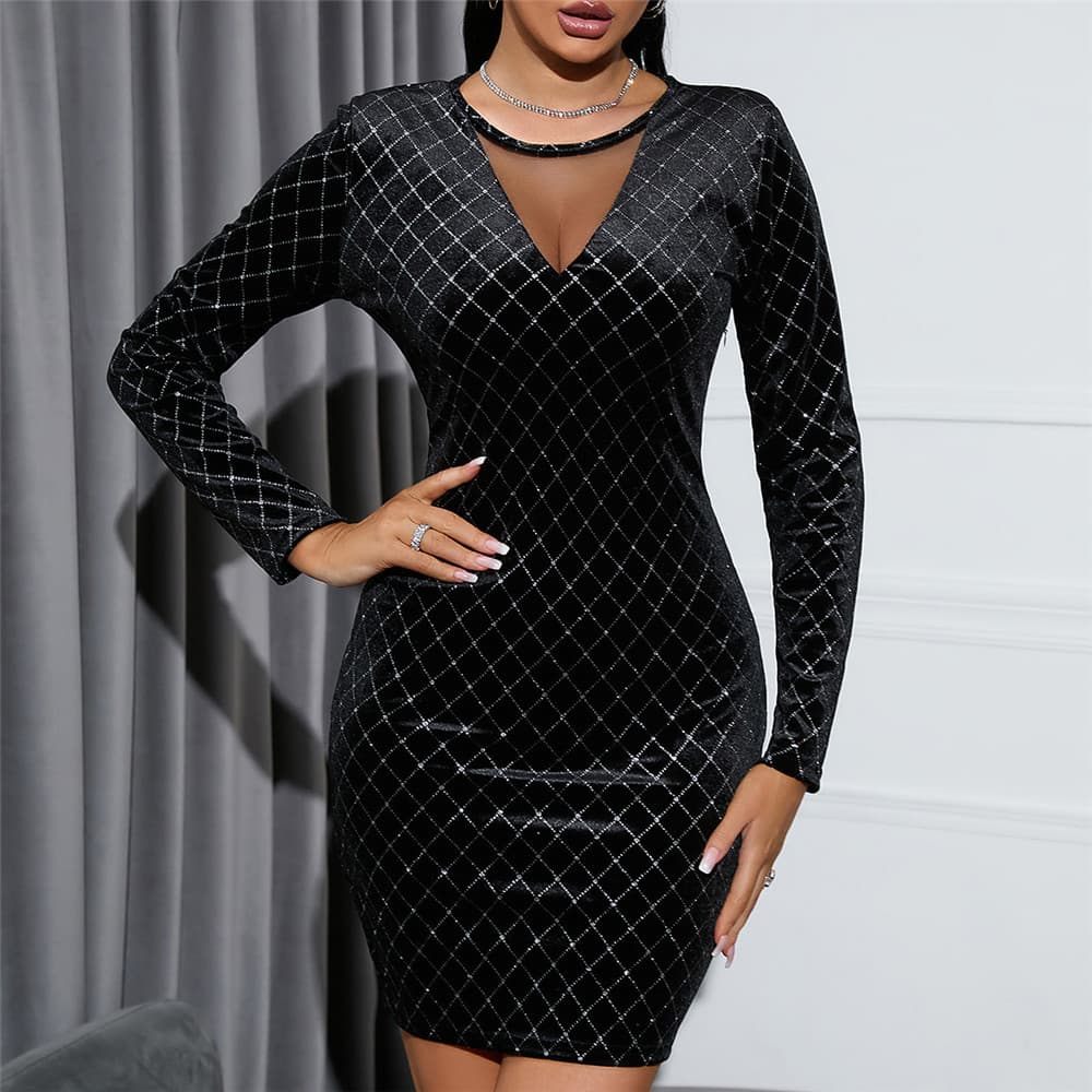 Women'S fashionable waist velvet hot diamond luxury dress mesh splicing see-through buttocks