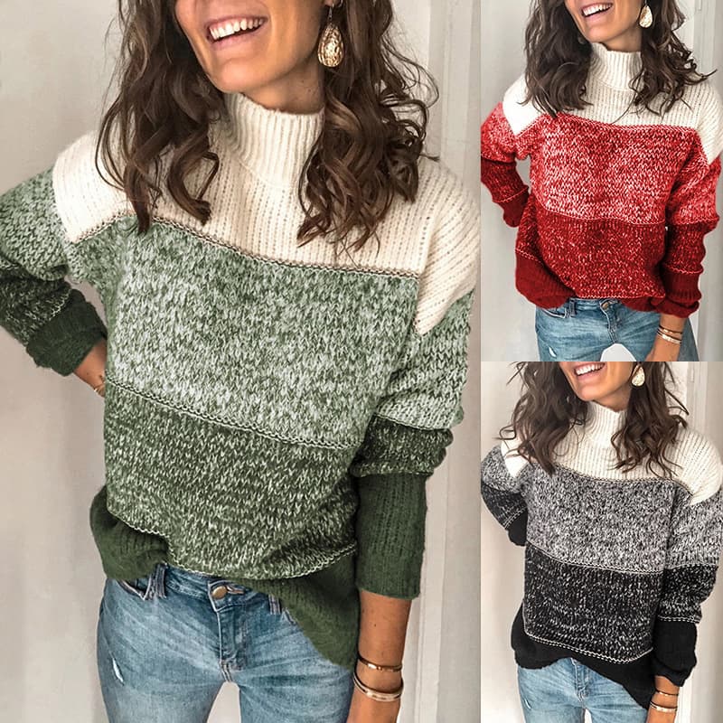 Women's Fashion Top Striped Patchwork High Neck Color Knitwear