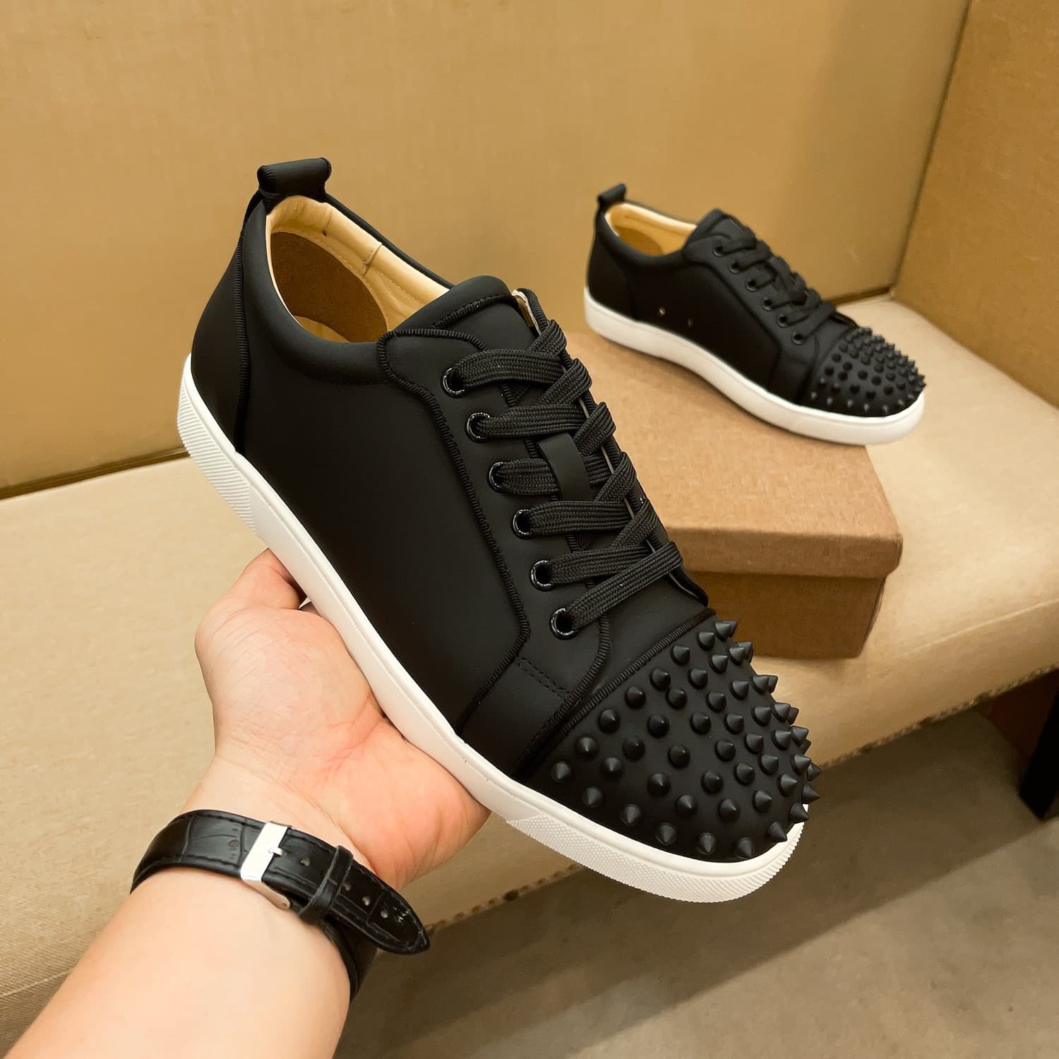 European station men's shoes cl rivet low-top red sole shoes black calfskin upper men's casual sneakers European fashion brand