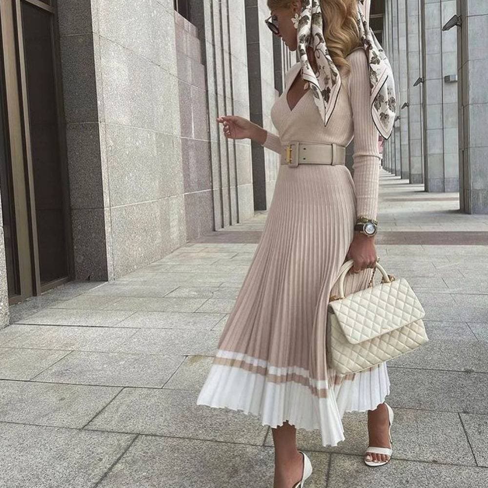 Women's Clothing Sexy Cross V Neck Knitted Pleated Dress Autumn and Winter Long Sleeve Midi Bottom Skirt