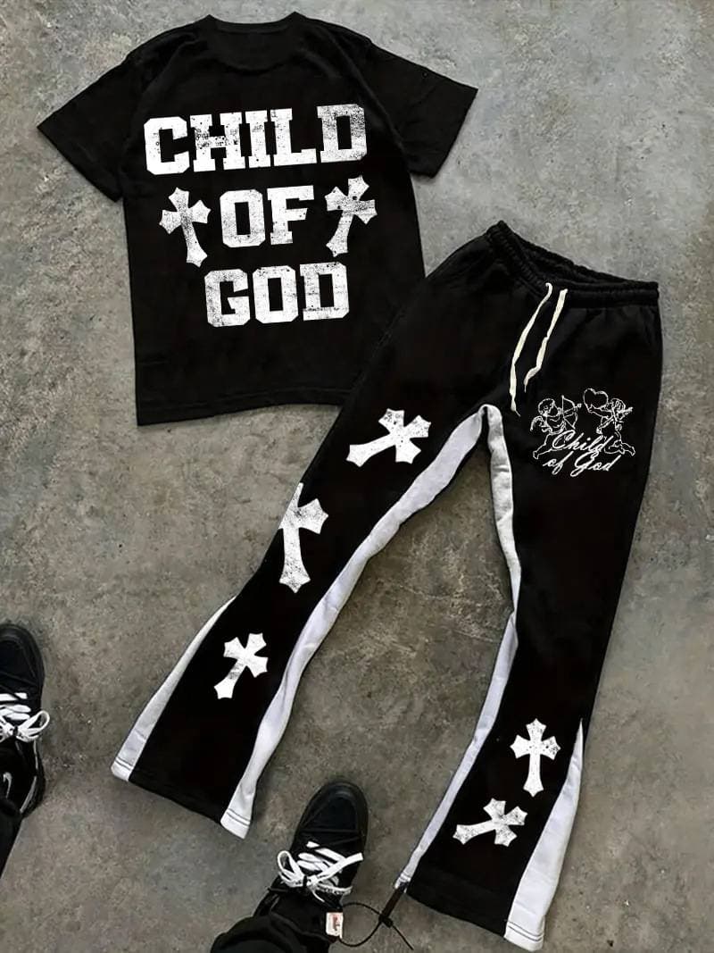 Hip-hop Punk Dark Style Men's Clothing Casual Fashion Suit Short Sleeved Shorts Two Piece Suit