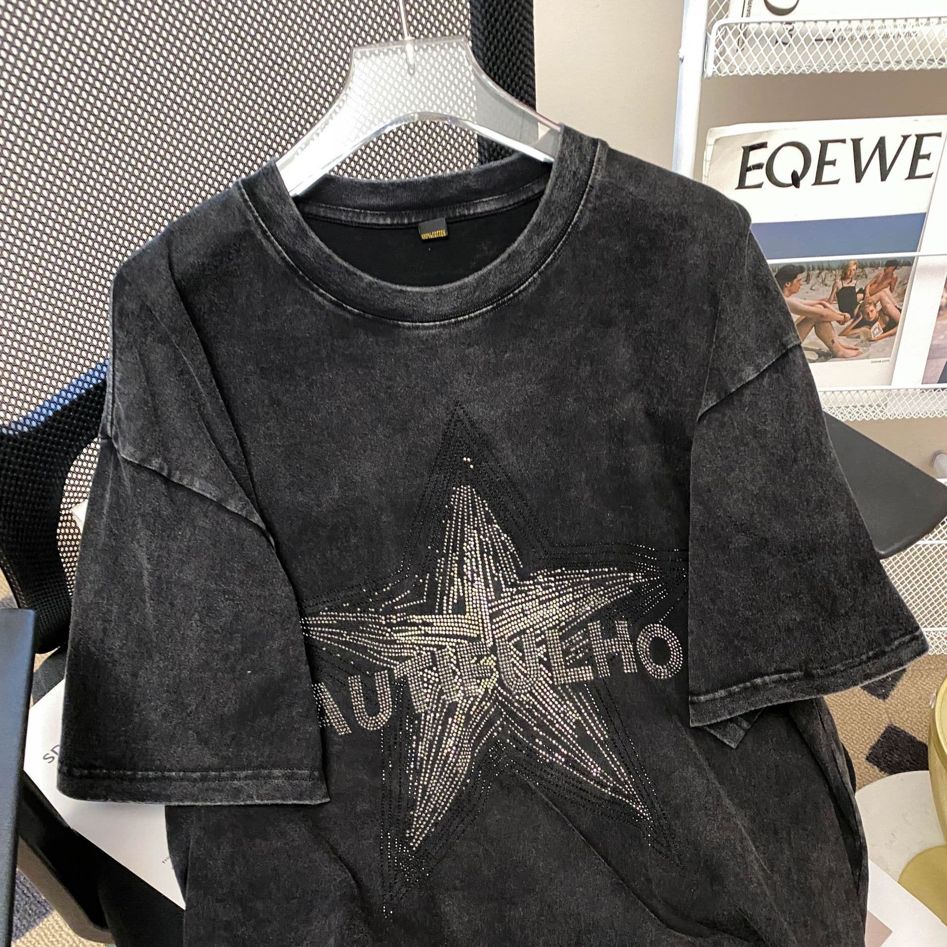 Women's Clothing Five Pointed Star Hot Diamond Pure Cotton Short Sleeved T Shirt Female Summer New Loose Top