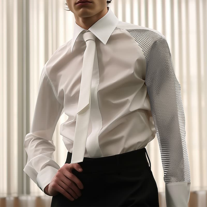 Men's Clothing Men's High End Banquet Gentleman Shirt Solid Color Long Sleeved Performance Clothes Mesh Splicing Shirt