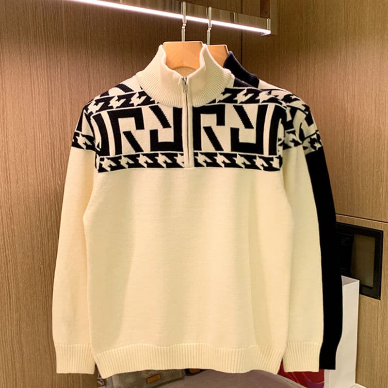 Vintage casual personality jacquard half turtleneck sweater men's winter thickened half zip knit warm top