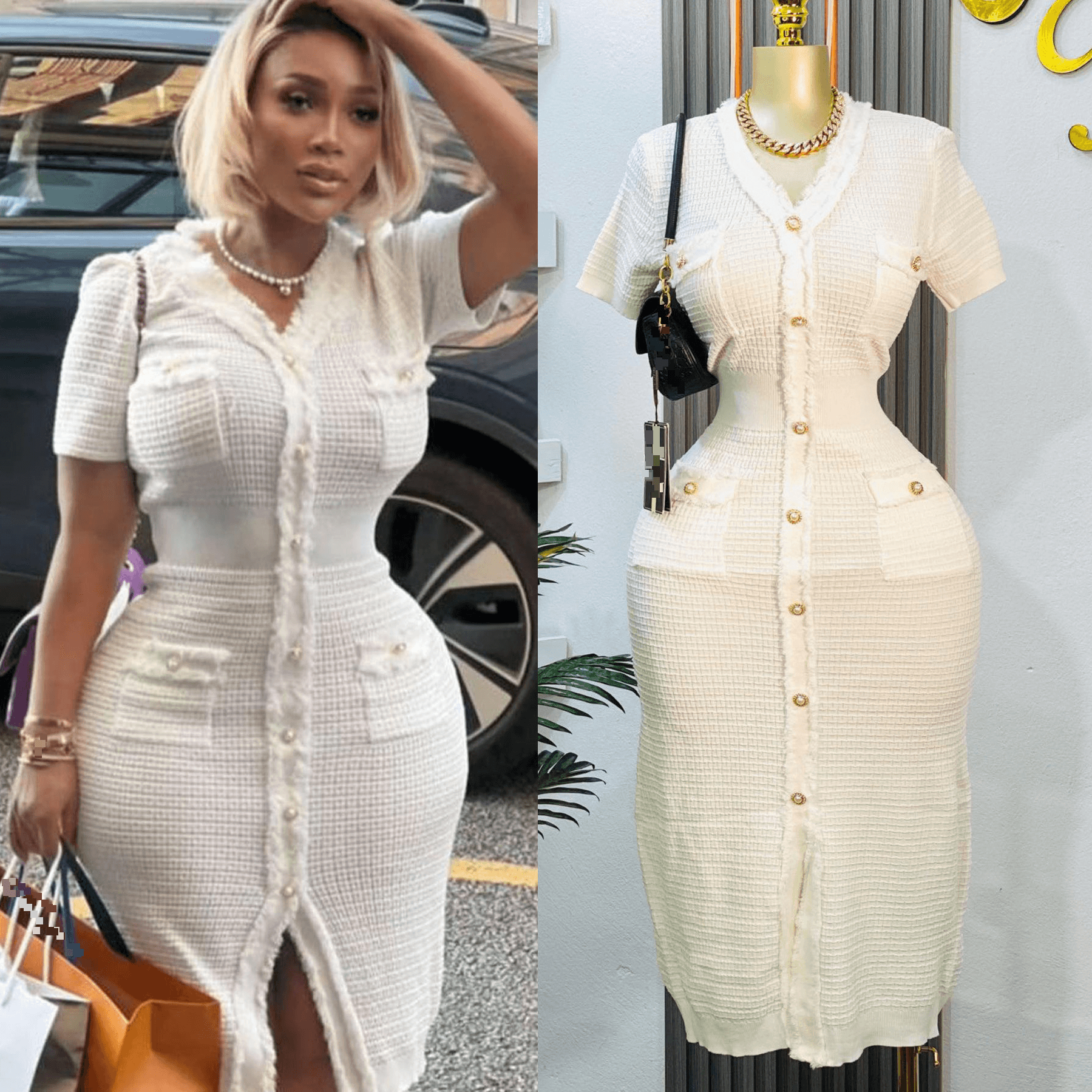 Women's Clothing French style short sleeved waist slim V neck knitted dress women's buttoned temperament skirt