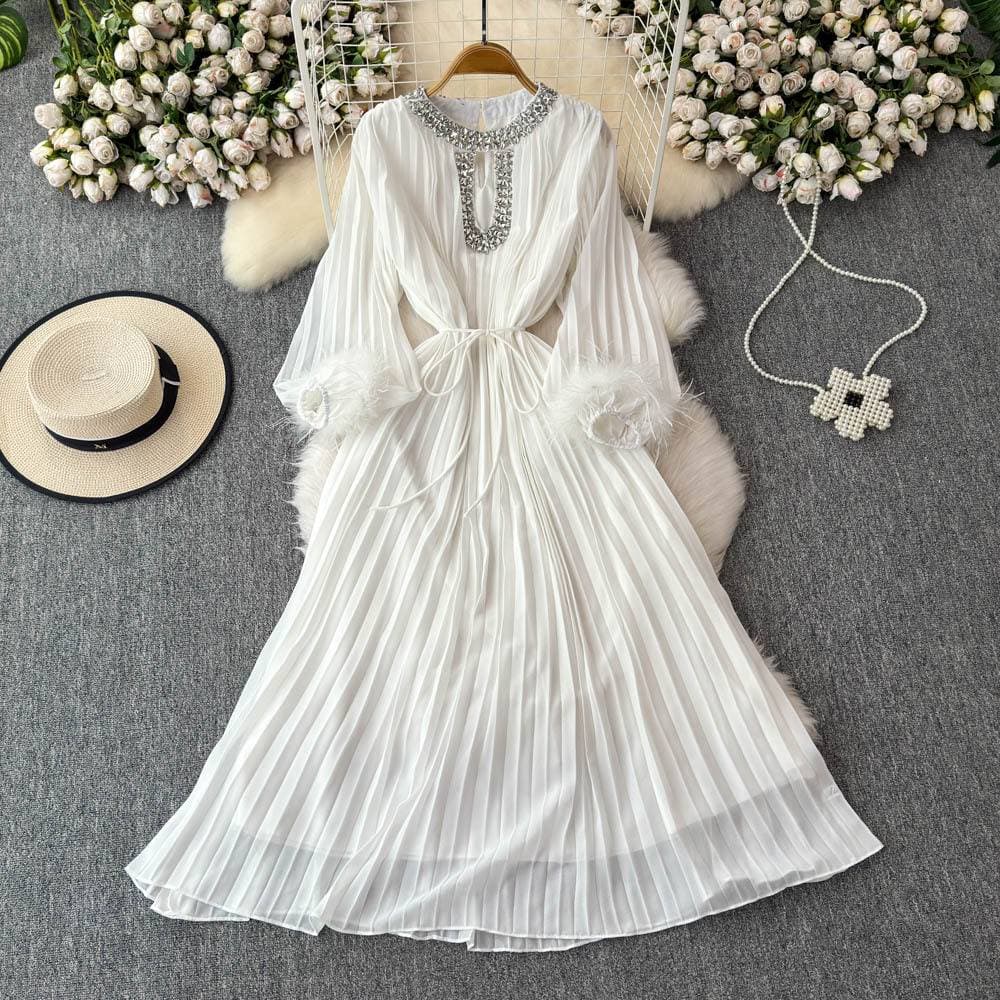 Women's Clothing Fashionable Elegant Socialite Ostrich Feather Cuffs Heavy Duty Rhinestone Studded Neckline European American Style Loose Long Skirt