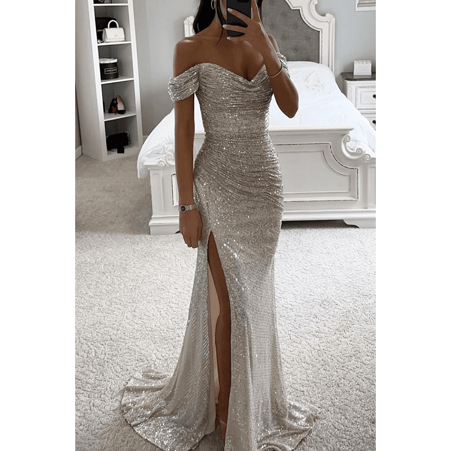 Women's party sequin neckline slit dress INS casual fashion dress