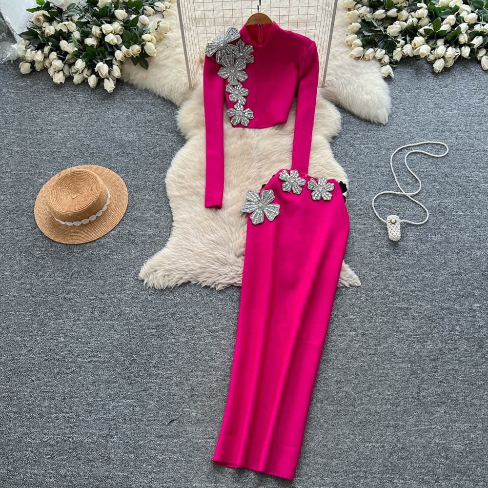 ​​Elegant Two-Piece Set – Embellished Long-Sleeve Crop Top & High-Waisted Pencil Skirt, Chic Evening Outfit​​