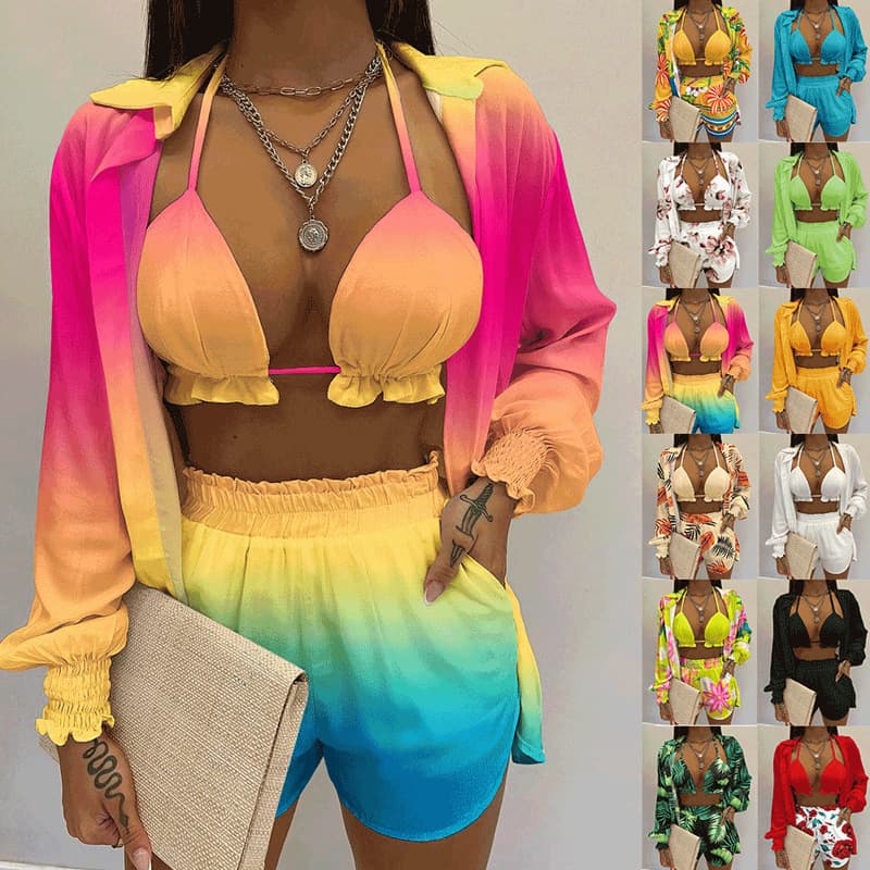 Women's sexy print halter shirt shorts three-piece suit for women