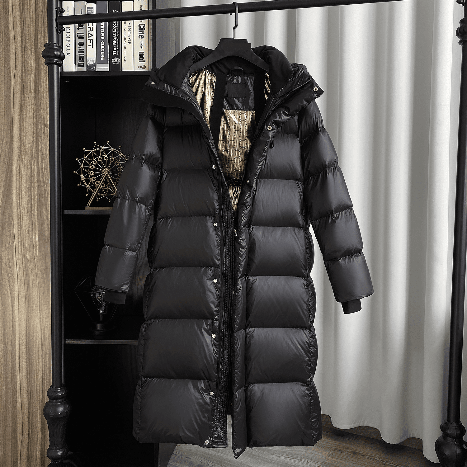 Women's Clothing Winter New Black Gold New National Standard White Duck Down Mid Length Down Jacket Women's Temperament Hooded Windproof Over Knee