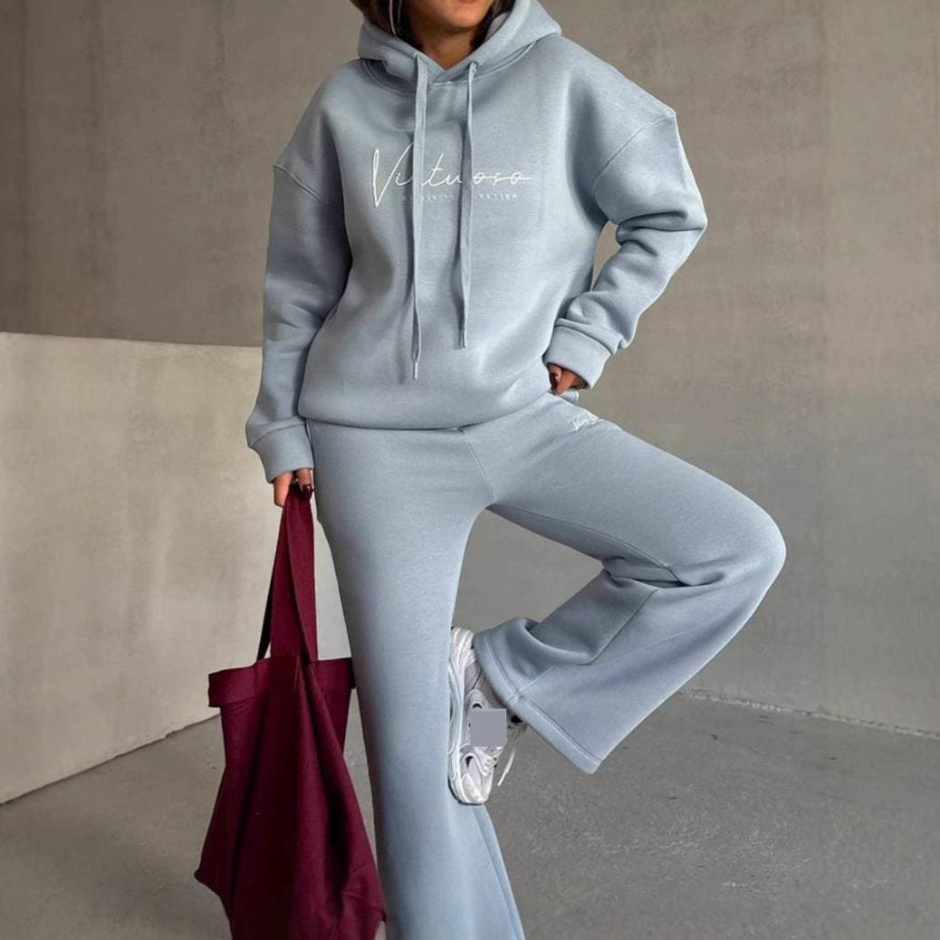 Women's Clothing Oversized Hoodie & Jogger Set - Lazy Chic Letter Print Lounge Wear Two-Piece Outfit For Women (Blue/Peach/Black/White)