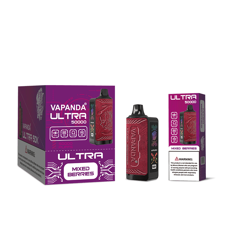 Vapanda Ultra 50k Vape, cigarette électronique jetable de luxe avec écran latéral et cuir, très tendance.