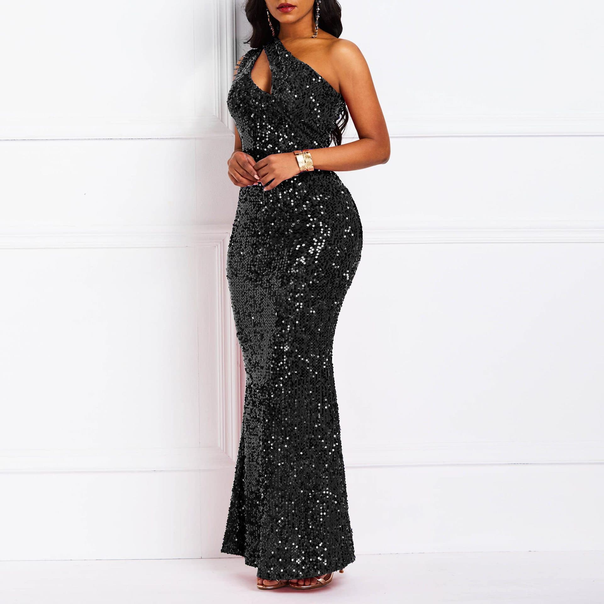 Women's Clothing Fashion Sequined One Shoulder Solid Color Backless Fishtail Sequined Dress Evening Dress