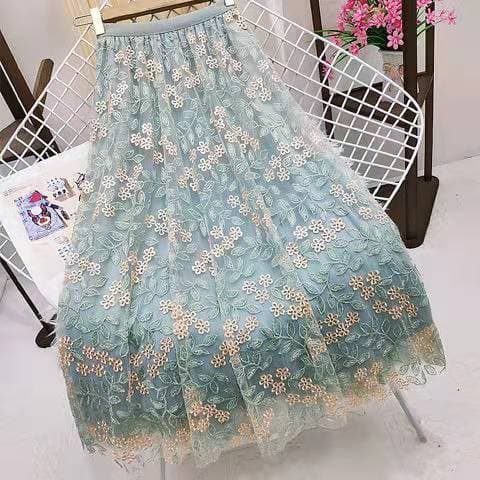 Heavy Industry Embroidered Mesh Skirt New High Waist Skirt Women's Medium Length Swing A Line Skirt