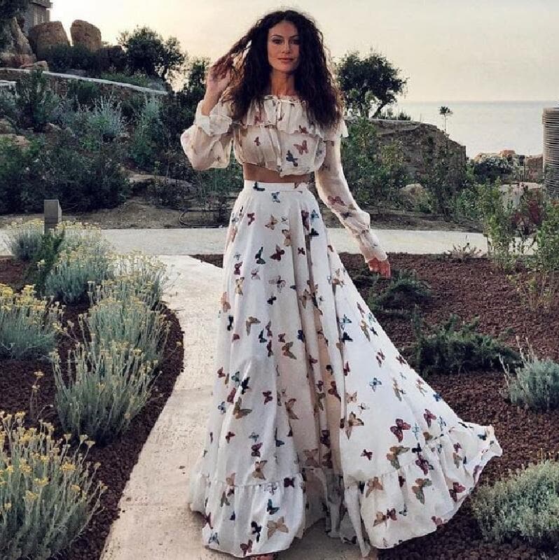 Women's Clothing Summer New Butterfly Print Dress Two Piece Bohemian Big Skirt Beach Long Skirt