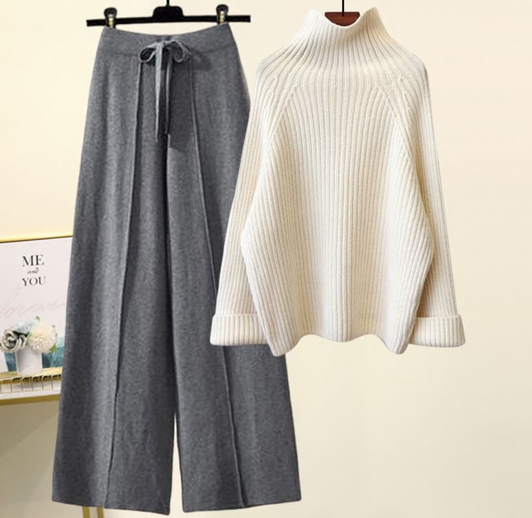 Ensemble coréen oversize en maille – Pull à grosses torsades et pantalon fluide à jambes larges, tenue d'hiver décontractée à col montant (Be