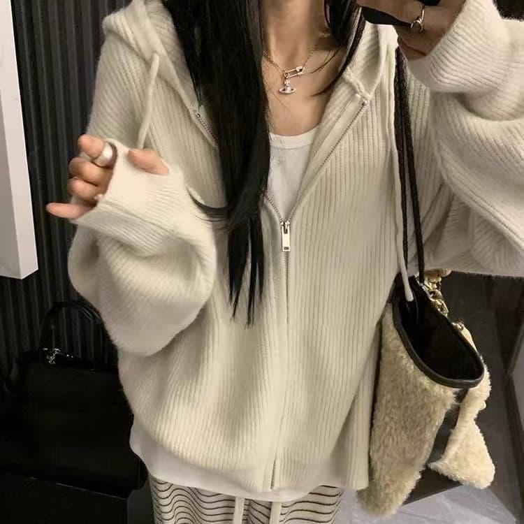 Girl 2025 New Loose Knitted Cardigan Top Zipper Hood For Women, Autumn And Winter, Lazy Style With High-End Feel