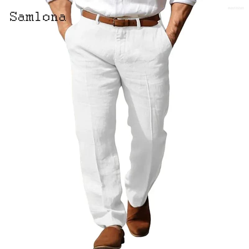 Men's Pants 2025 Men Elegant Stand Pockets Cotton Linen Solid White Black Ankle-Length Trouser Plus Size Mens Casual