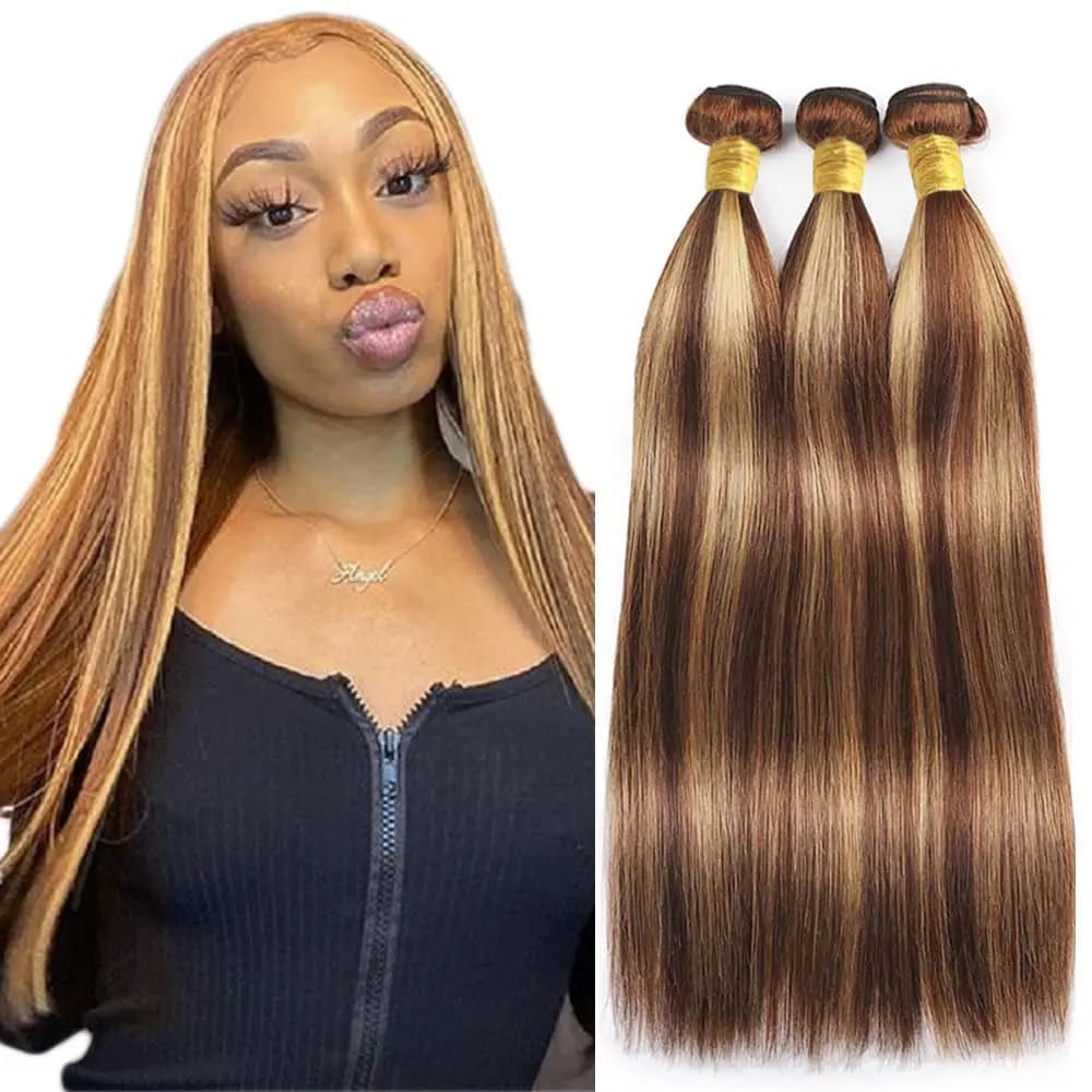 4/27 Highlight Straight Bundles Human Hair 3 Bundles 100% Unprocessed Brazilian Virgin Hair Extension For Women Double Weft Hair