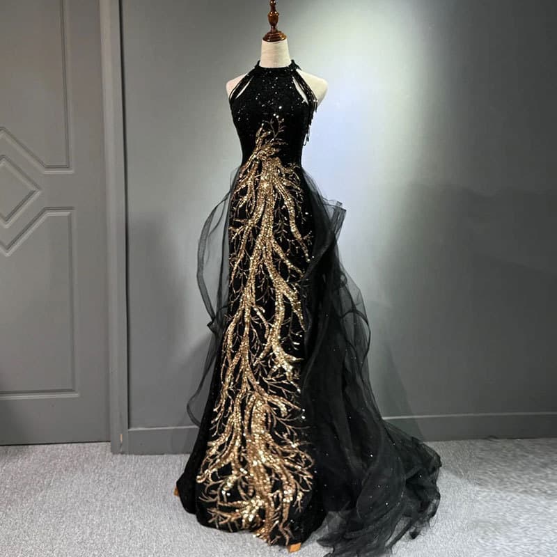 Women's Clothing New black evening dress high end slim temperament celebrity host halter neck fishtail skirt wedding toast dress