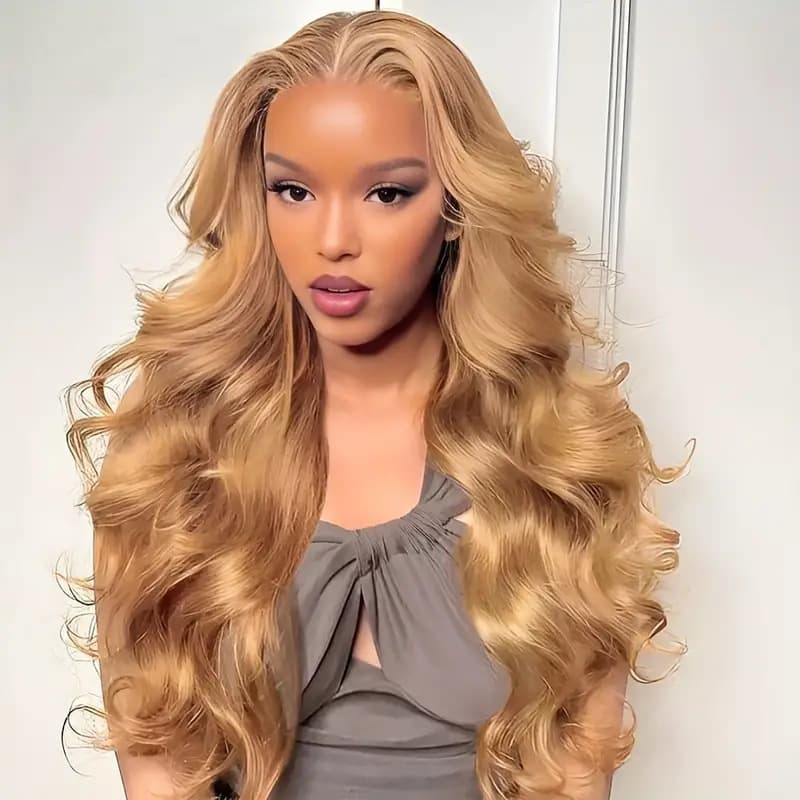 Fashion Golden Wavy Perm Synthetic Lace Front Full Head Wig Average Size Body Wave Curly Clip-in Wig for Styling