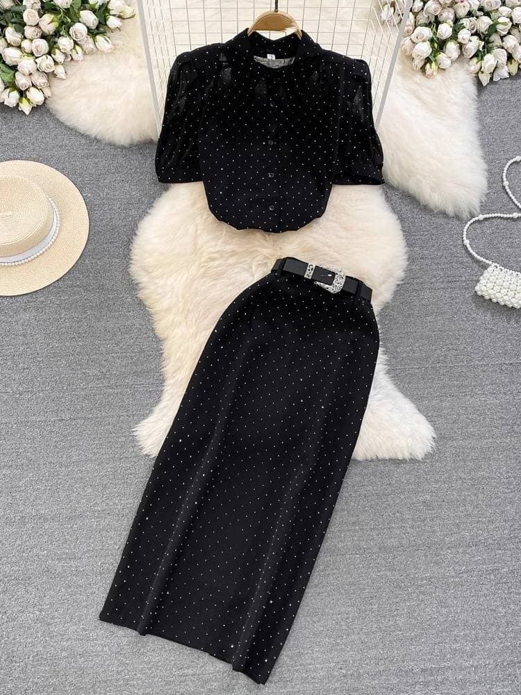 Women's Clothing Light Mature Style, Bubble Short Sleeves, Single Breasted, Polka Dot Chiffon Shirt, Two Piece Suit