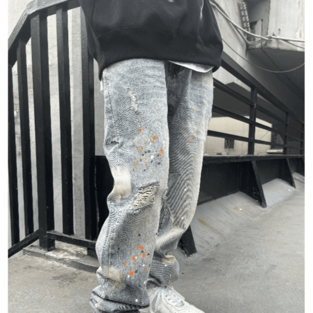 Men's Clothing original street hip hop retro washed old ink ripped straight jeans for men