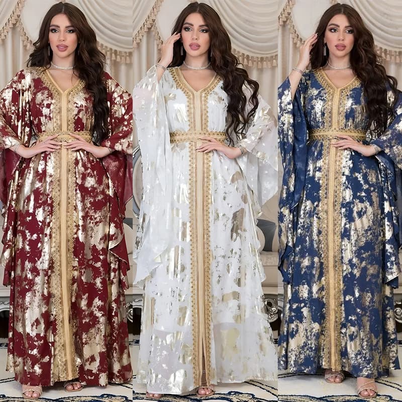Women's dress Muslim chiffon gilt robe with belt dress