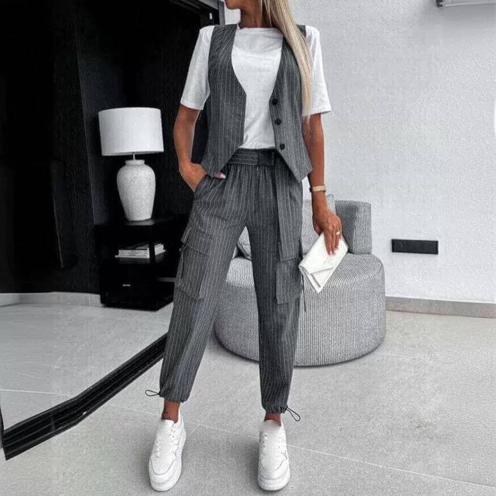 Women's Clothing White Striped Sleeveless Vest Suit Casual Commuting Nine Point Pants