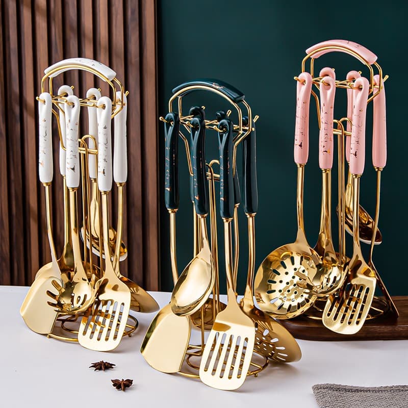 SUS 304 Kitchen Cooking Utensils Set, 7Pcs Kitchenware Sets With Hanging Shelf, Gold Cookware Utensils With Ceramic Handle, Heat Resistant