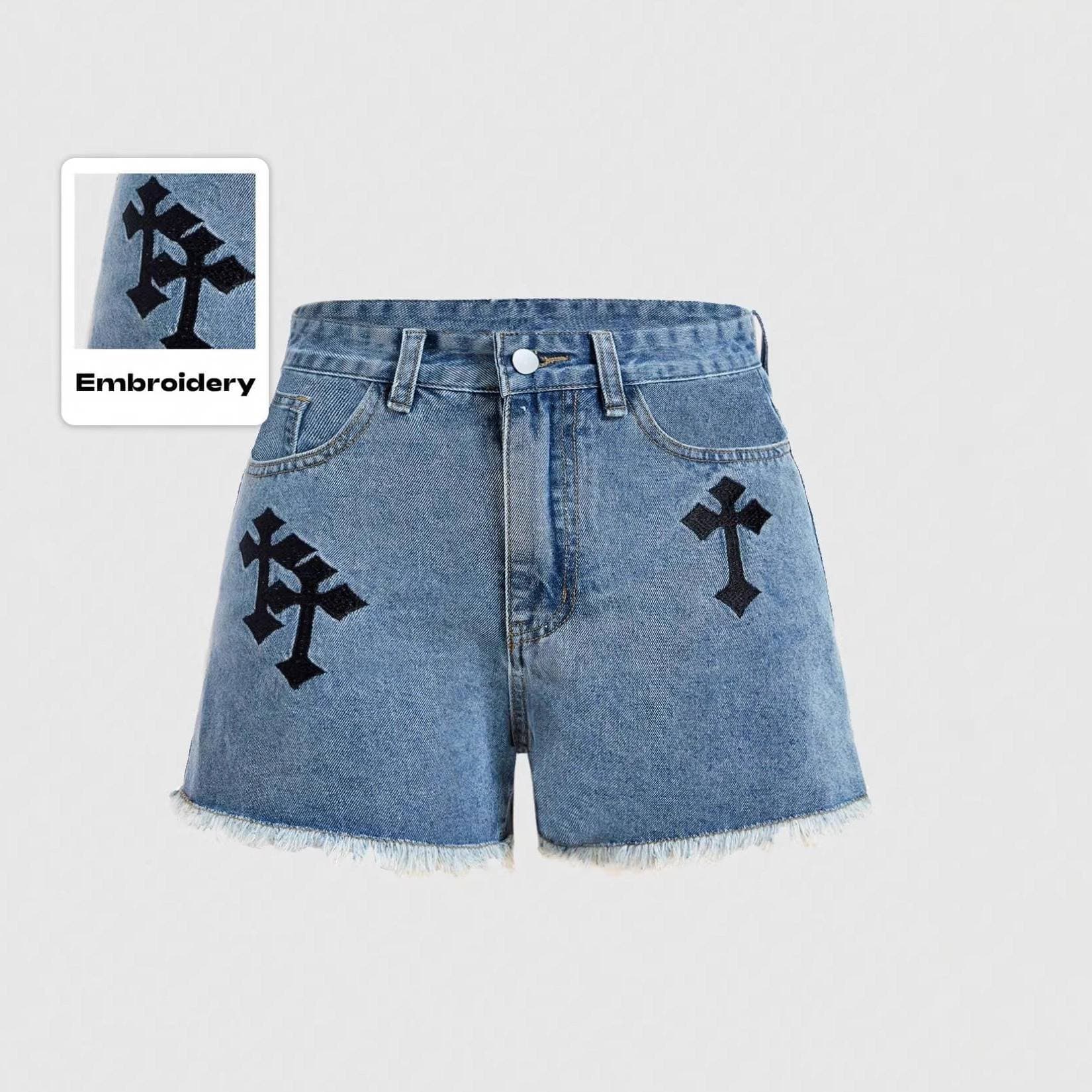 Women's Clothing Retro Cross Embroidery Denim Shorts Summer High Waist Wide Leg Pants For Young Women