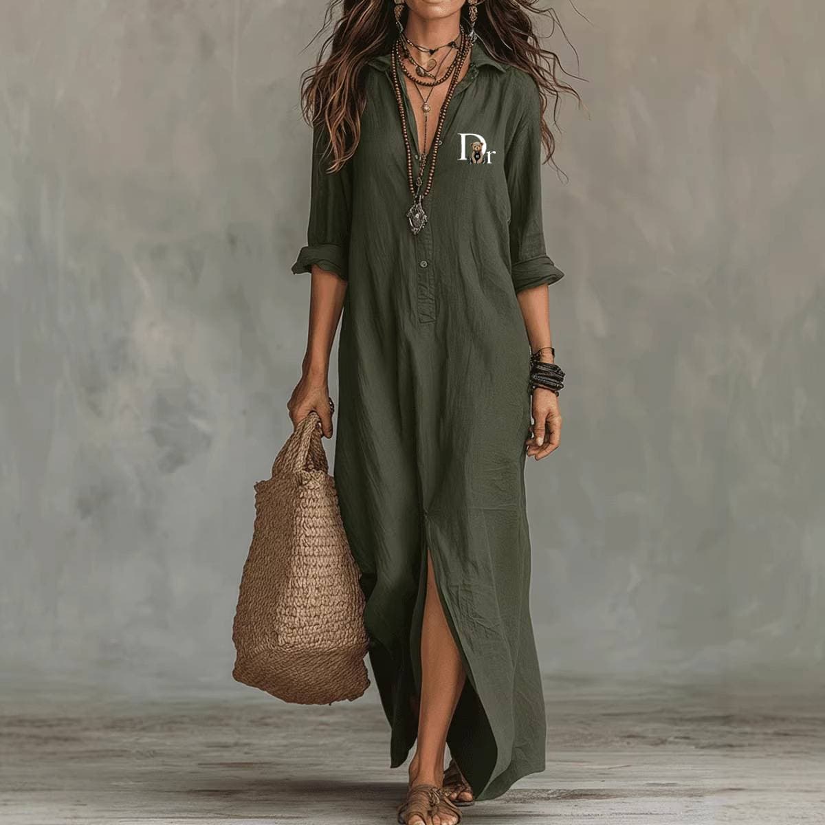 Robe longue fendue à col en V pour femme - Tunique de plage style resort - 1
